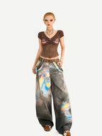 Nico Molly Punk Lace Print V-neck Fishbone Waist Cropped Slim Women's Short Sleeve T-shirts