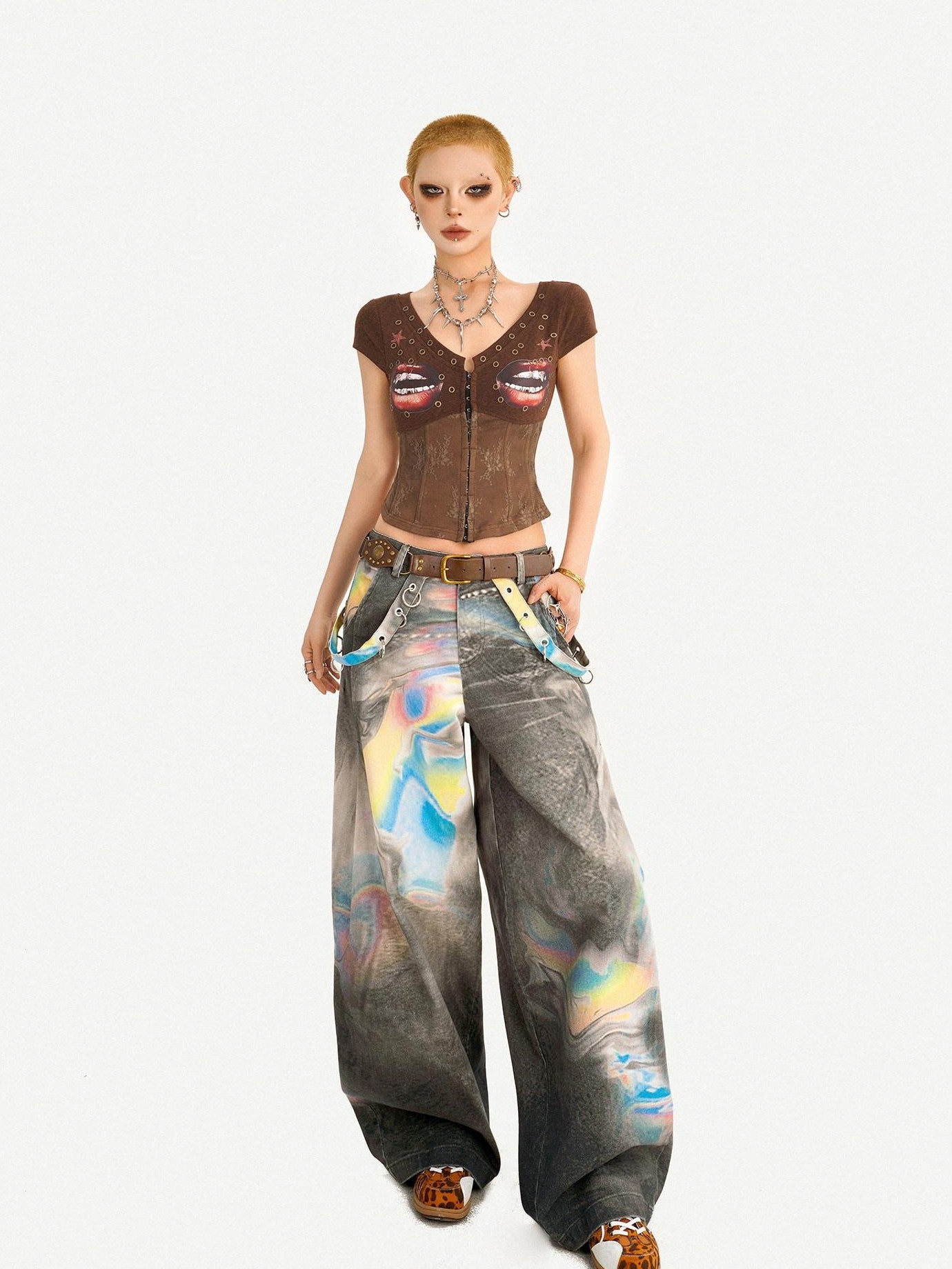 Nico Molly Punk Lace Print V-neck Fishbone Waist Cropped Slim Women's Short Sleeve T-shirts