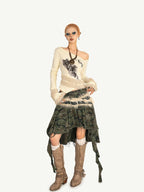 Nico Molly Punk Spliced Fur Slanted Neckline Graphic Print Women's Long Sleeve T-shirts