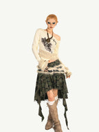 Nico Molly Punk Spliced Fur Slanted Neckline Graphic Print Women's Long Sleeve T-shirts