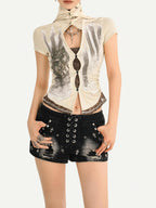 Nico Molly Punk Studded Heavy Washed Ripped Low Waist Straight Cut Women's Denim Shorts