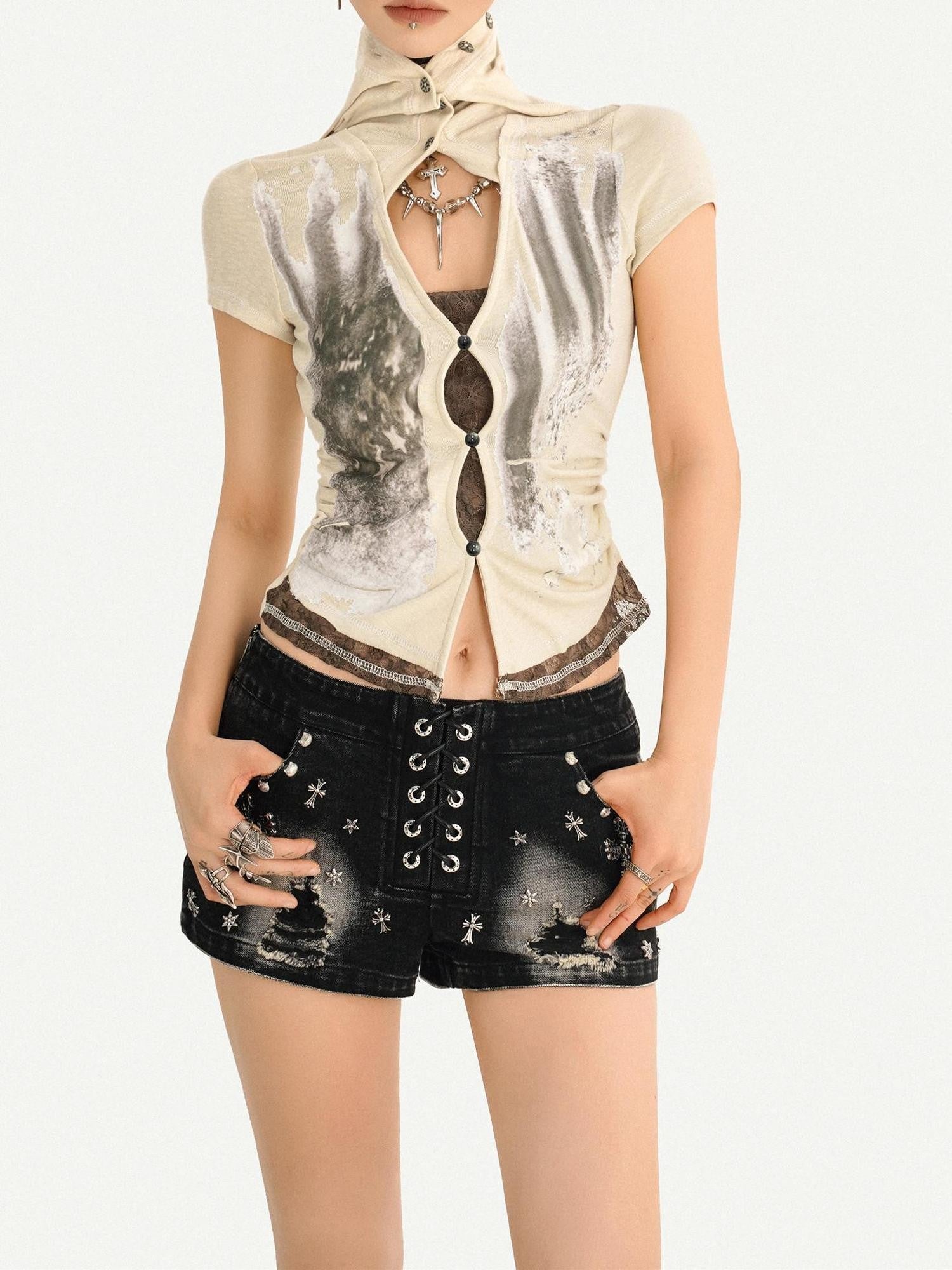 Nico Molly Punk Studded Heavy Washed Ripped Low Waist Straight Cut Women's Denim Shorts