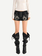 Nico Molly Punk Studded Heavy Washed Ripped Low Waist Straight Cut Women's Denim Shorts