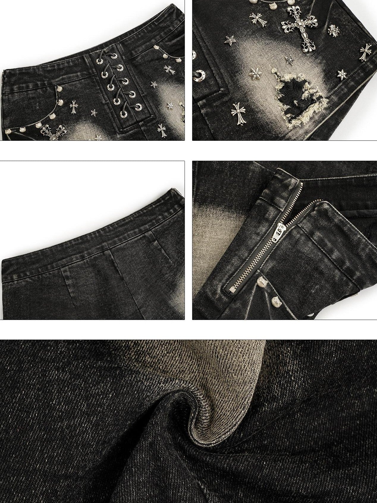 Nico Molly Punk Studded Heavy Washed Ripped Low Waist Straight Cut Women's Denim Shorts