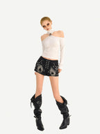 Nico Molly Punk Studded Heavy Washed Ripped Low Waist Straight Cut Women's Denim Shorts