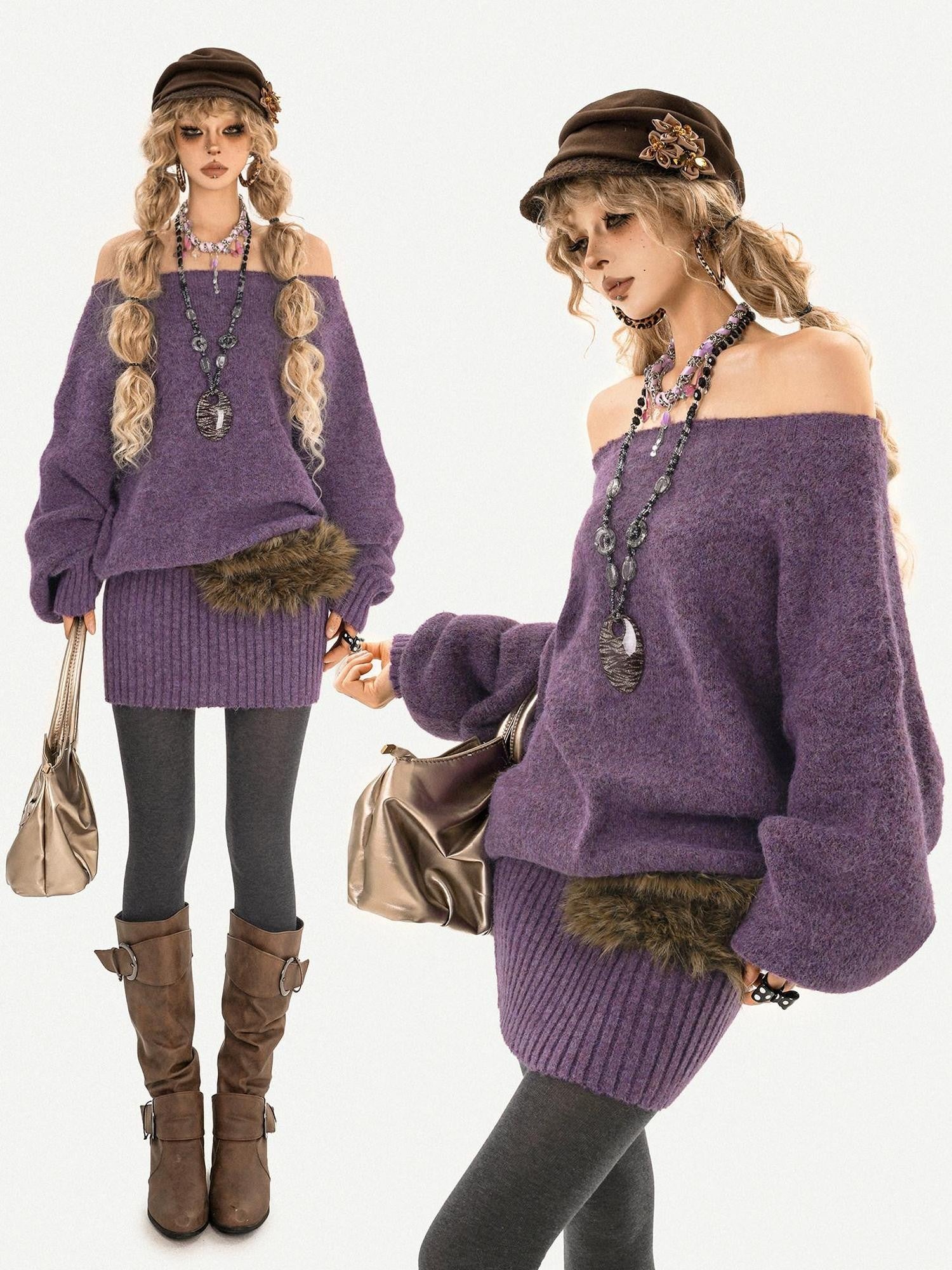 Nico Molly Purple Asymmetric One Shoulder Knit Bodycon Women's Knitted Casual Mini Dresses