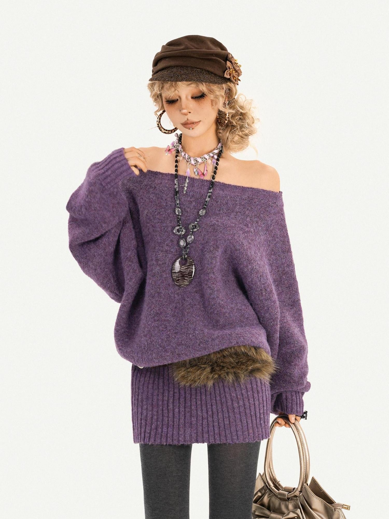 Nico Molly Purple Asymmetric One Shoulder Knit Bodycon Women's Knitted Casual Mini Dresses