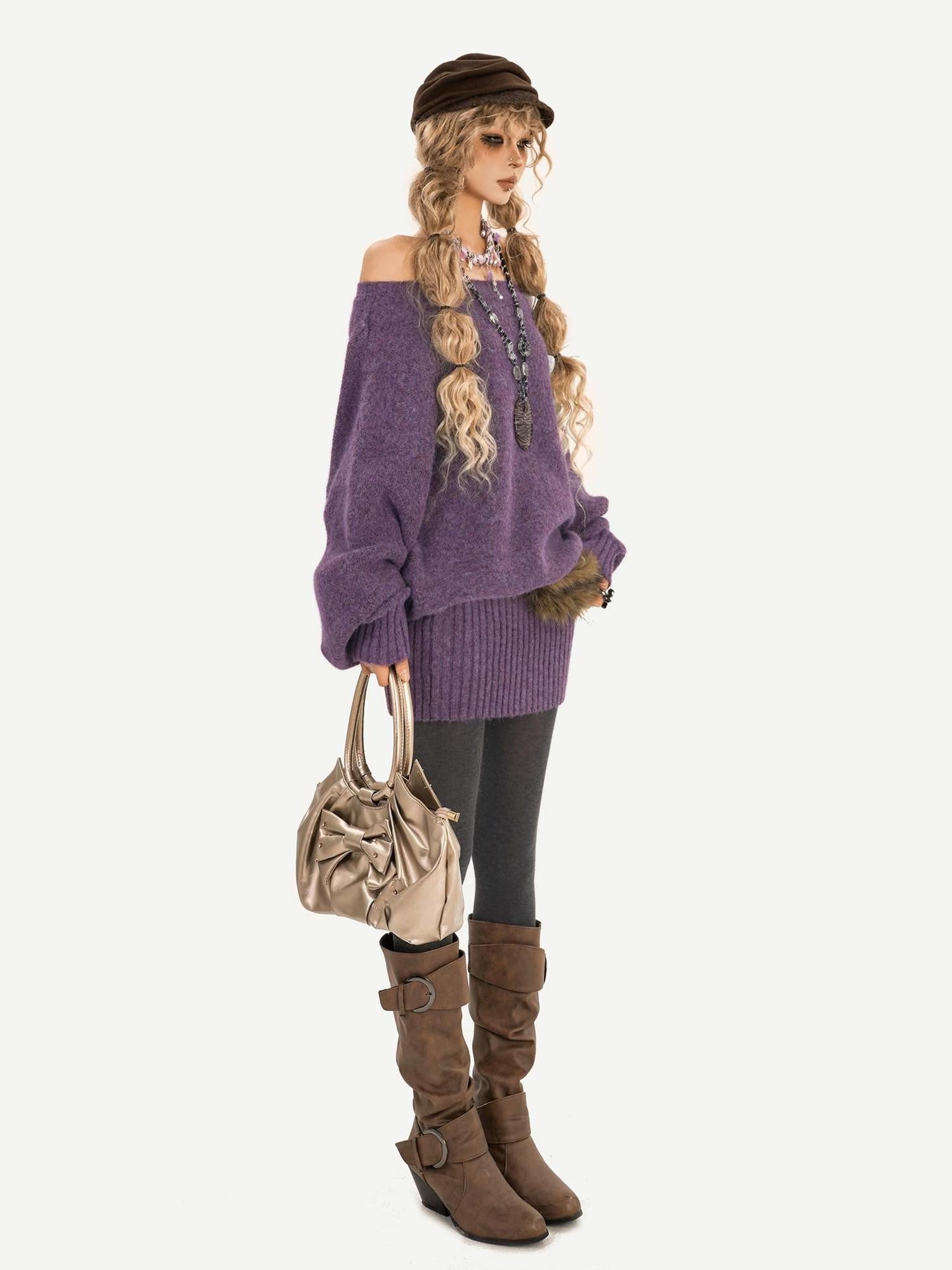 Nico Molly Purple Asymmetric One Shoulder Knit Bodycon Women's Knitted Casual Mini Dresses