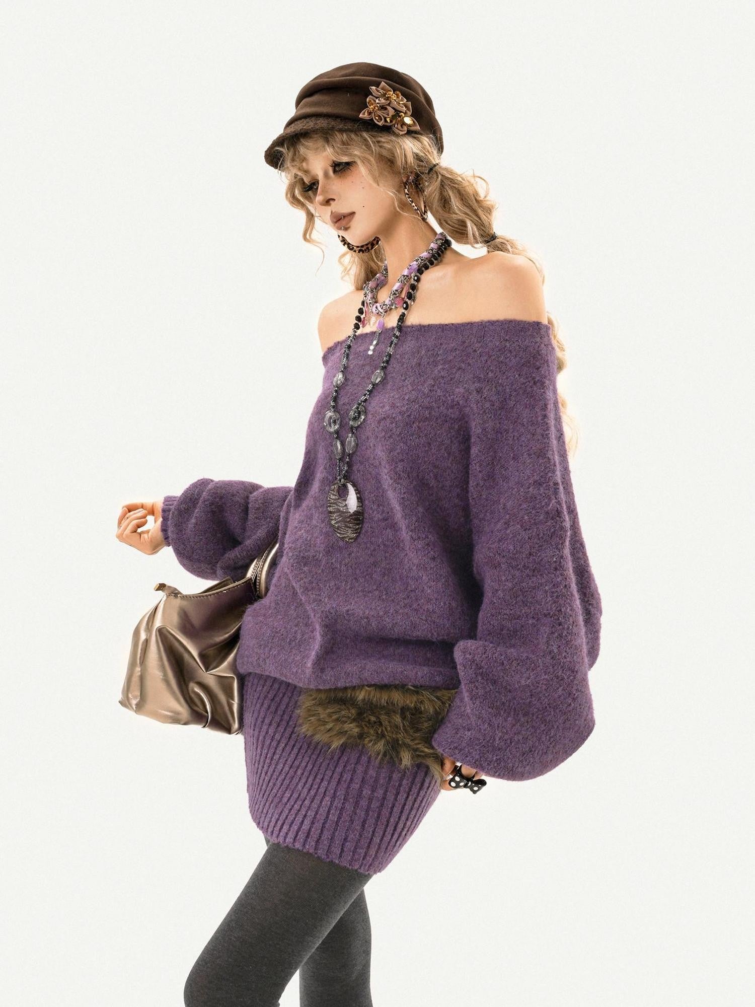 Nico Molly Purple Asymmetric One Shoulder Knit Bodycon Women's Knitted Casual Mini Dresses