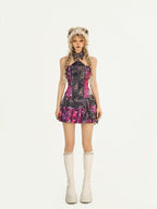 Nico Molly Purple Floral Print Halter Double Zipper Slim Fit Padded Women's Tank Tops