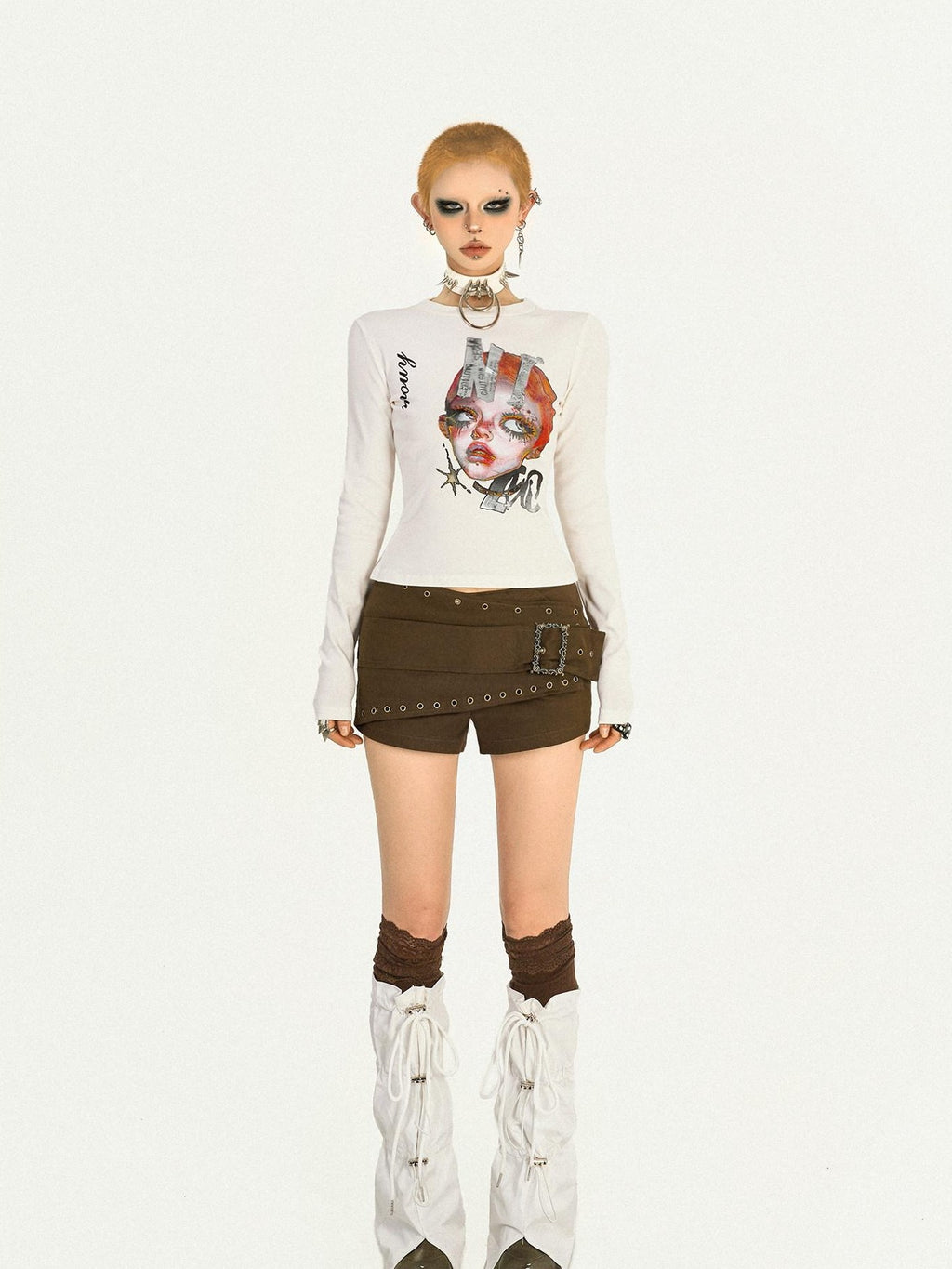 Nico Molly Quirky Character Letter Abstract Print Slim Fit Women's Long Sleeve T-shirts