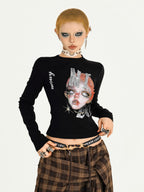 Nico Molly Quirky Character Letter Abstract Print Slim Fit Women's Long Sleeve T-shirts