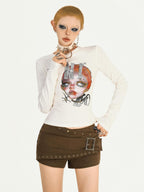 Nico Molly Quirky Character Letter Abstract Print Slim Fit Women's Long Sleeve T-shirts