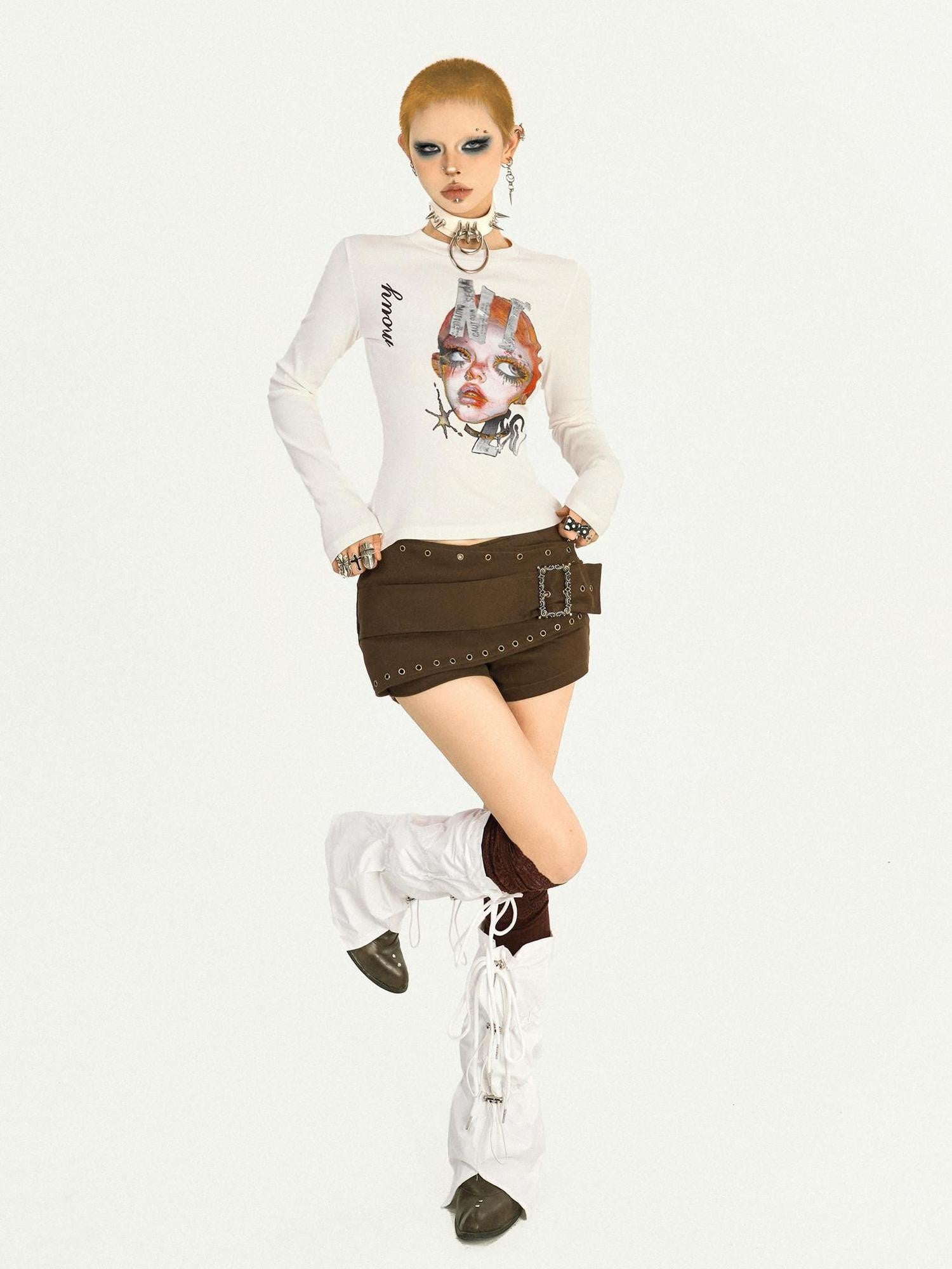 Nico Molly Quirky Character Letter Abstract Print Slim Fit Women's Long Sleeve T-shirts
