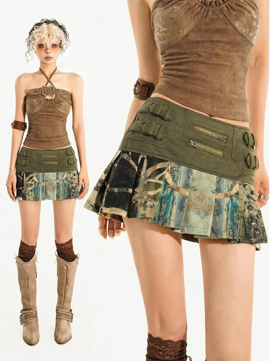 Nico Molly Random Print Pleated Vintage Denim A Line Women's Denim Mini Skirts