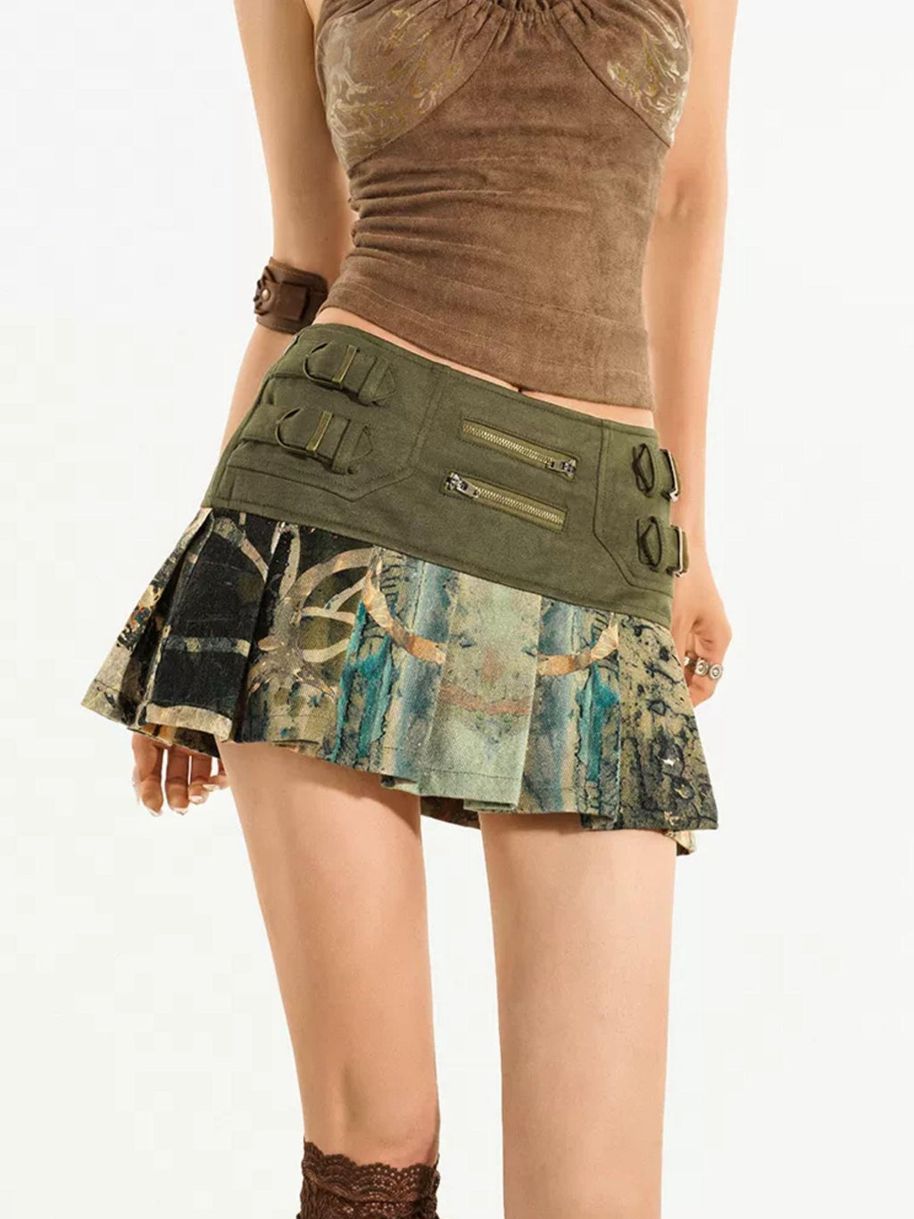 Nico Molly Random Print Pleated Vintage Denim A Line Women's Denim Mini Skirts