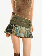 Nico Molly Random Print Pleated Vintage Denim A Line Women's Denim Mini Skirts
