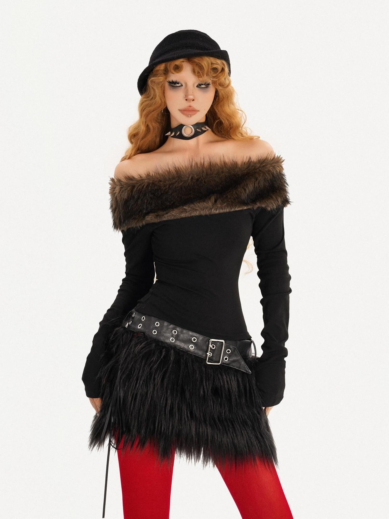 Nico Molly Rebellious One Shoulder Women's Faux Fur Trim Long Sleeve T-shirts