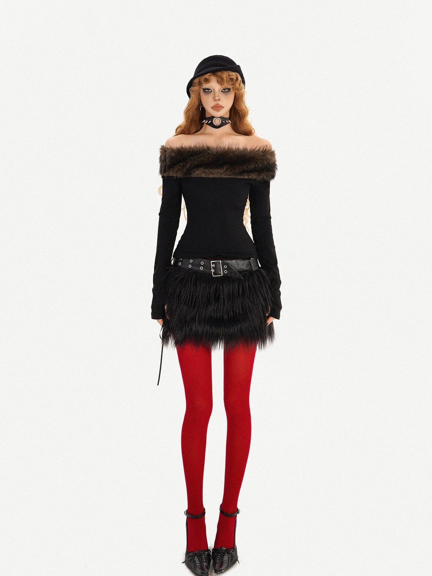 Nico Molly Rebellious One Shoulder Women's Faux Fur Trim Long Sleeve T-shirts