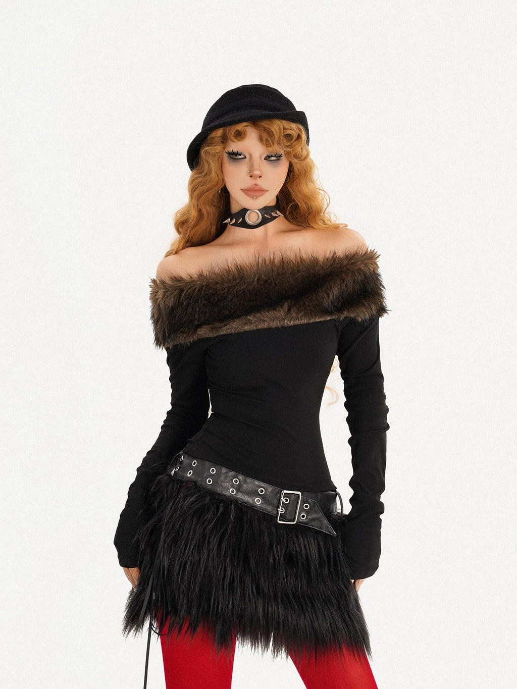 Nico Molly Rebellious One Shoulder Women's Faux Fur Trim Long Sleeve T-shirts