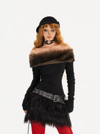 Nico Molly Rebellious One Shoulder Women's Faux Fur Trim Long Sleeve T-shirts
