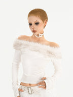Nico Molly Rebellious One Shoulder Women's Faux Fur Trim Long Sleeve T-shirts