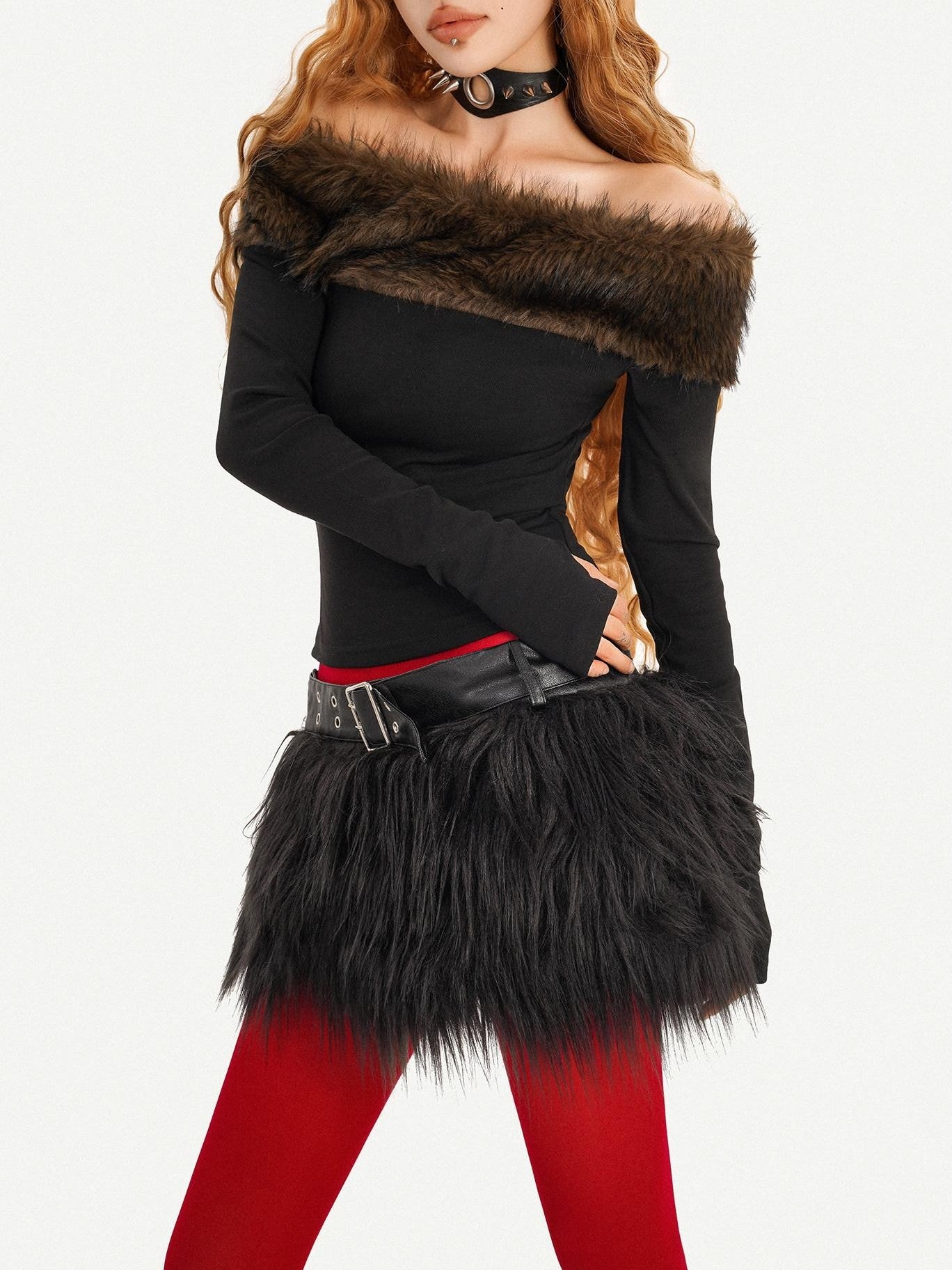 Nico Molly Rebellious One Shoulder Women's Faux Fur Trim Long Sleeve T-shirts
