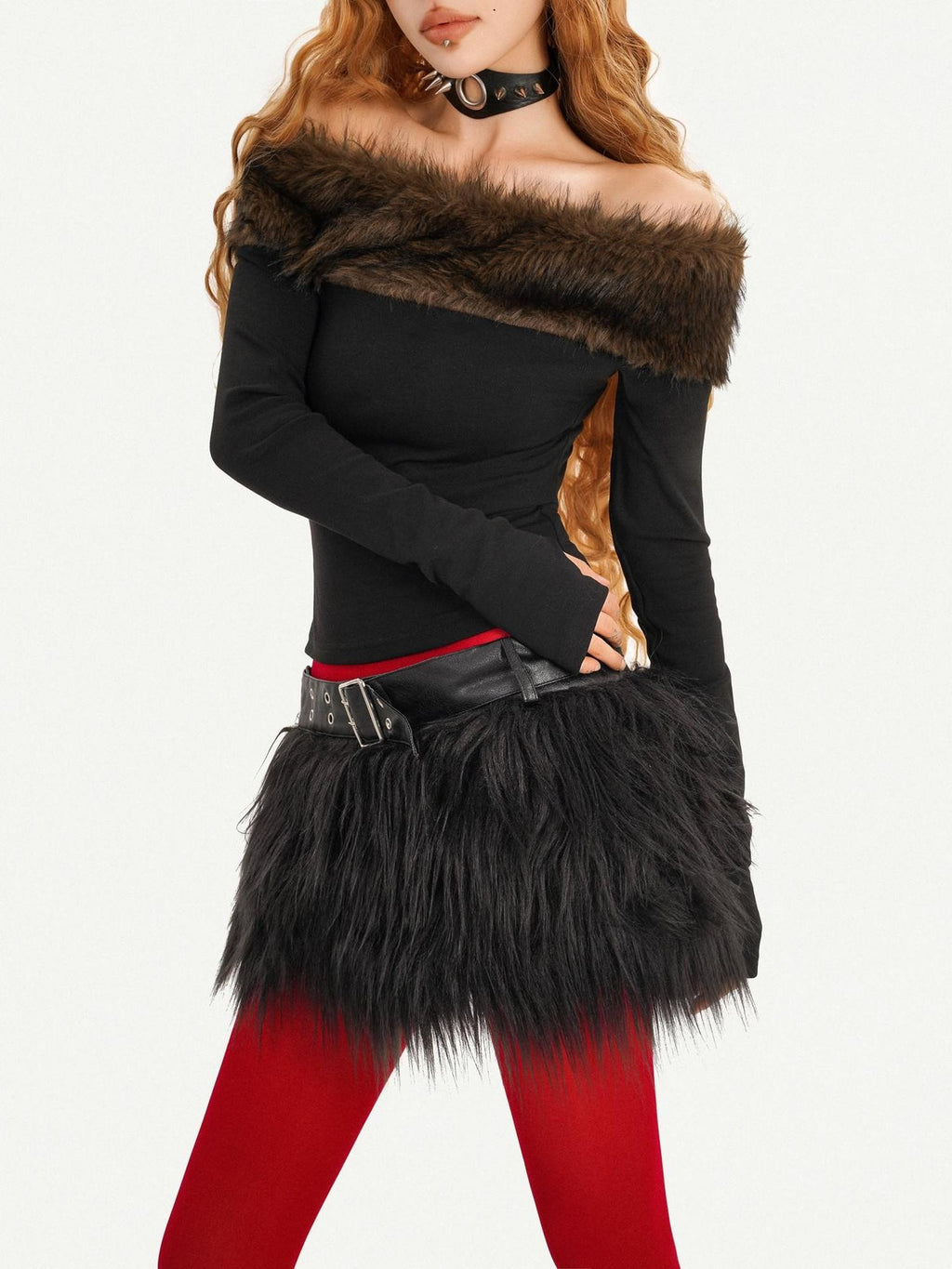 Nico Molly Rebellious One Shoulder Women's Faux Fur Trim Long Sleeve T-shirts