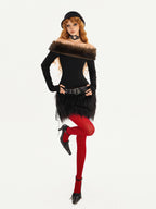 Nico Molly Rebellious One Shoulder Women's Faux Fur Trim Long Sleeve T-shirts