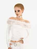 Nico Molly Rebellious One Shoulder Women's Faux Fur Trim Long Sleeve T-shirts