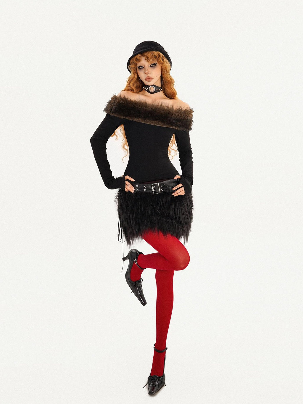 Nico Molly Rebellious One Shoulder Women's Faux Fur Trim Long Sleeve T-shirts