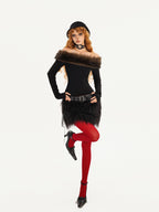 Nico Molly Rebellious One Shoulder Women's Faux Fur Trim Long Sleeve T-shirts