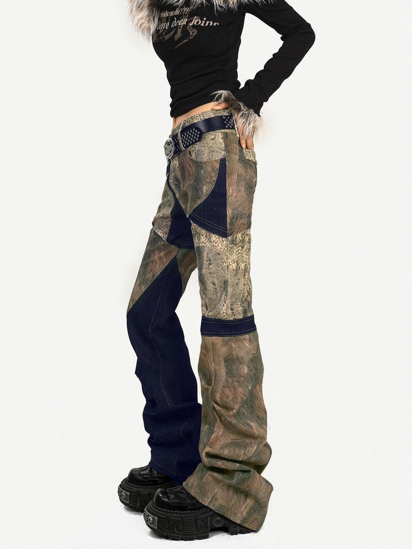 Nico Molly Rebellious Wasteland Patchwork Vintage Pattern Women's Flare Pants