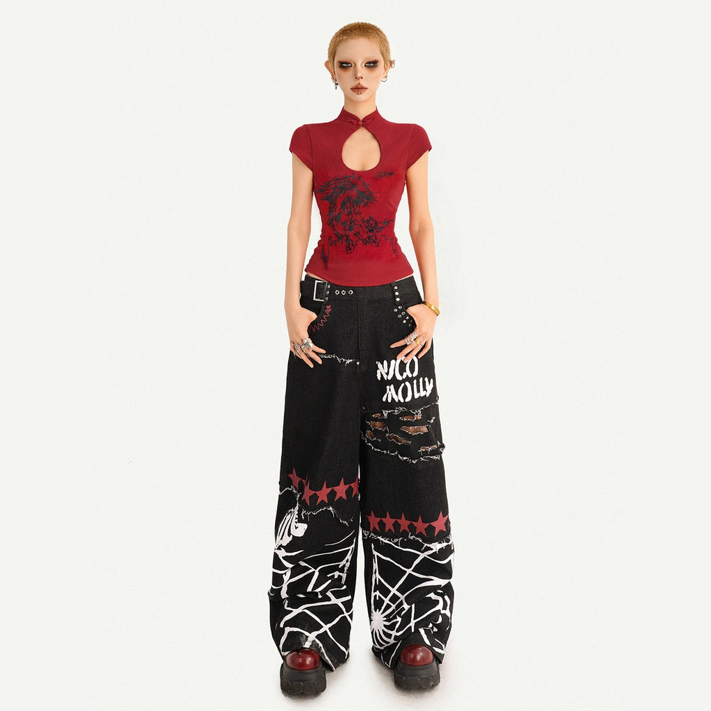 Nico_Molly_Red_Animal_Print_Mandarin_Collar_Slim_Women's_Short_Sleeve_T-shirts_1052030763326_MISSTT