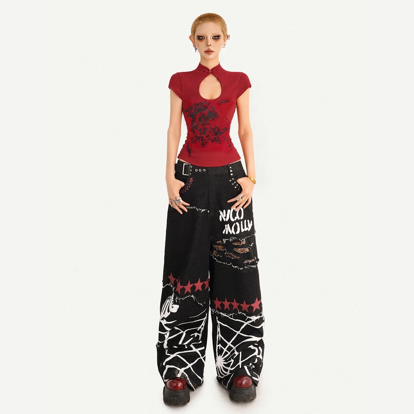 Nico_Molly_Red_Animal_Print_Mandarin_Collar_Slim_Women's_Short_Sleeve_T-shirts_1052030763326_MISSTT