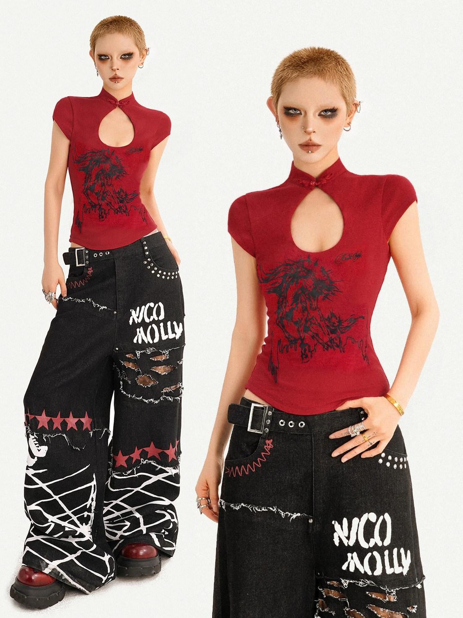 Nico Molly Red Animal Print Mandarin Collar Slim Women's Short Sleeve T-shirts