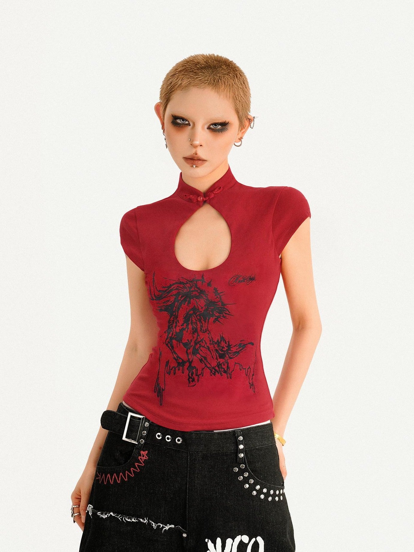 Nico Molly Red Animal Print Mandarin Collar Slim Women's Short Sleeve T-shirts