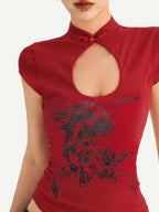 Nico Molly Red Animal Print Mandarin Collar Slim Women's Short Sleeve T-shirts
