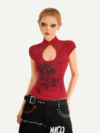 Nico Molly Red Animal Print Mandarin Collar Slim Women's Short Sleeve T-shirts