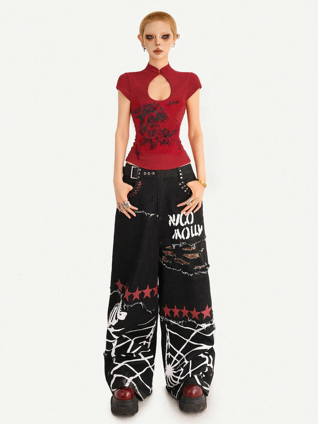 Nico Molly Red Animal Print Mandarin Collar Slim Women's Short Sleeve T-shirts