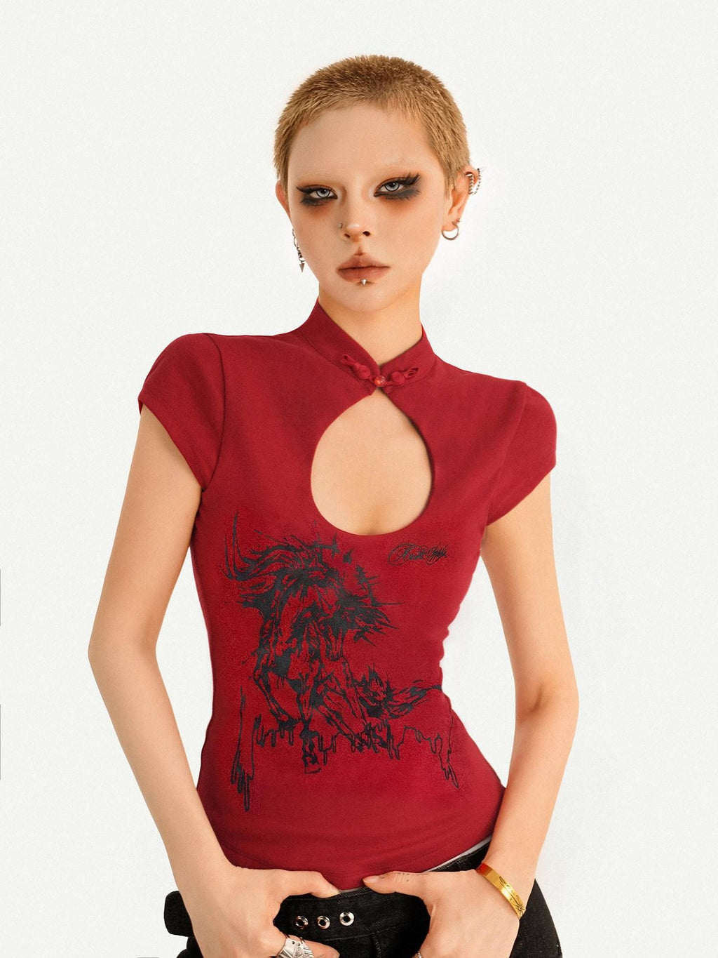 Nico Molly Red Animal Print Mandarin Collar Slim Women's Short Sleeve T-shirts