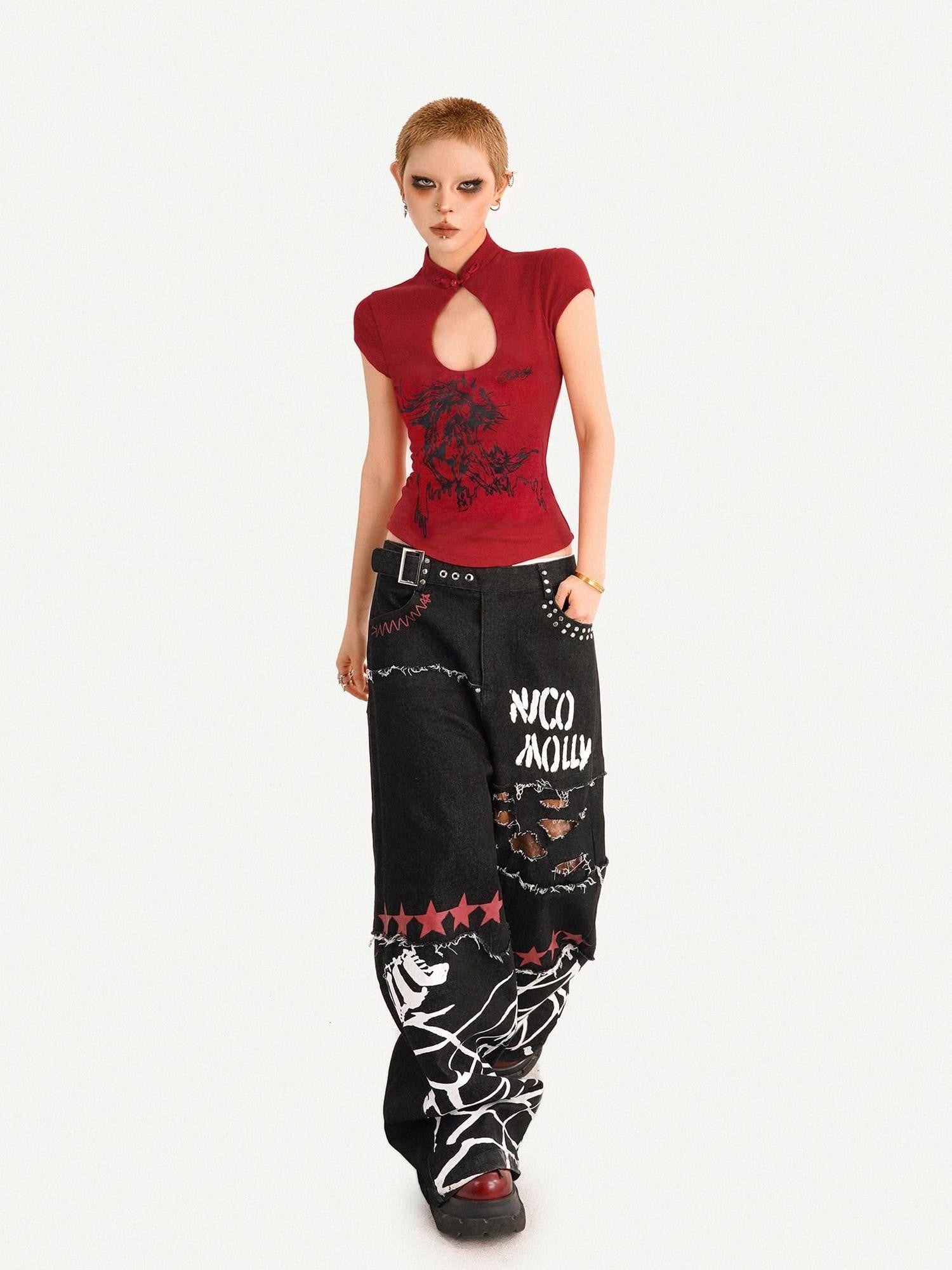 Nico Molly Red Animal Print Mandarin Collar Slim Women's Short Sleeve T-shirts