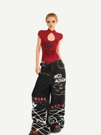 Nico Molly Red Animal Print Mandarin Collar Slim Women's Short Sleeve T-shirts