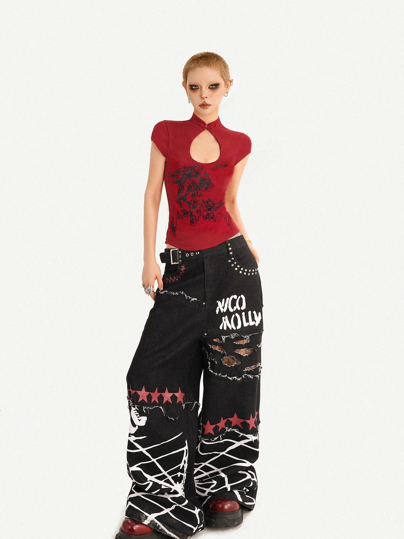 Nico Molly Red Animal Print Mandarin Collar Slim Women's Short Sleeve T-shirts
