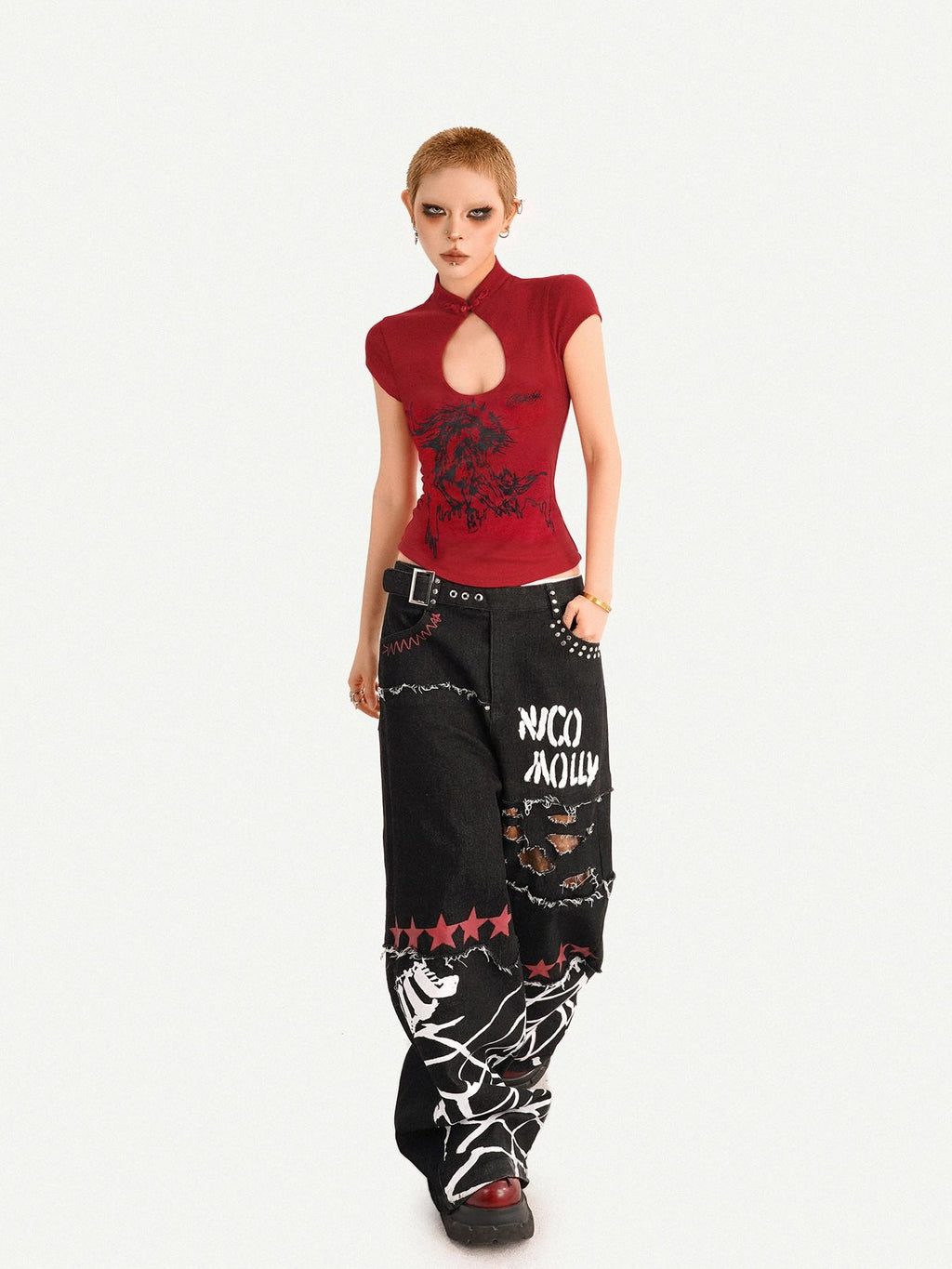 Nico Molly Red Animal Print Mandarin Collar Slim Women's Short Sleeve T-shirts