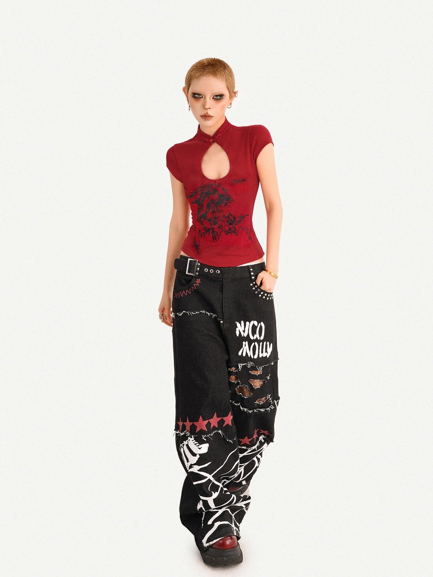 Nico Molly Red Animal Print Mandarin Collar Slim Women's Short Sleeve T-shirts