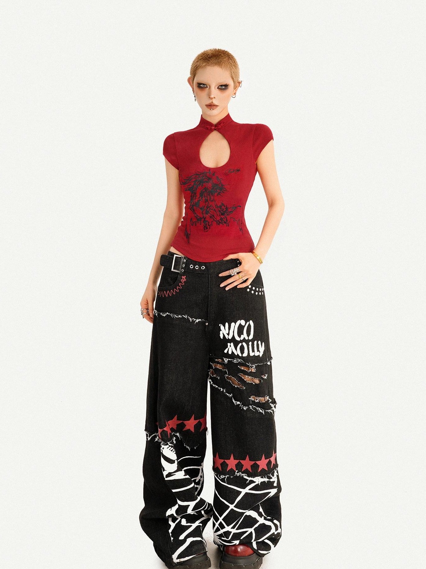 Nico Molly Red Animal Print Mandarin Collar Slim Women's Short Sleeve T-shirts