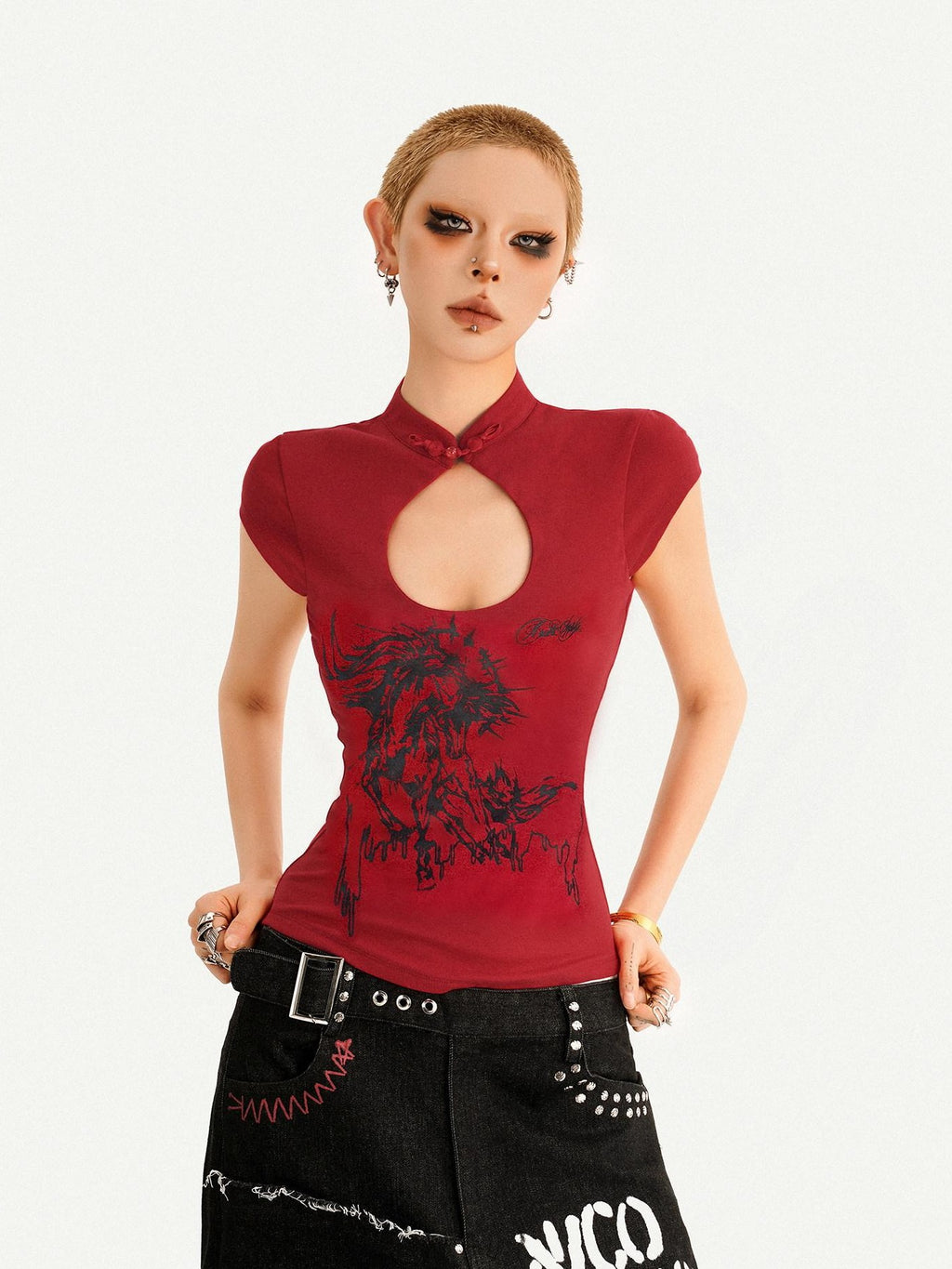 Nico Molly Red Animal Print Mandarin Collar Slim Women's Short Sleeve T-shirts