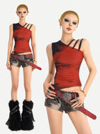 Nico Molly Red Asymmetrical Off Shoulder Twist Knot Slim Fit Women's Tank Tops