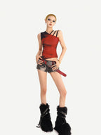 Nico Molly Red Asymmetrical Off Shoulder Twist Knot Slim Fit Women's Tank Tops